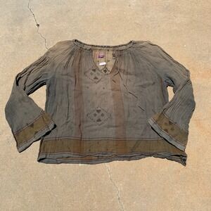 Dosa "sample" linen blend boho detailed sheer peasant top in brown -medium women